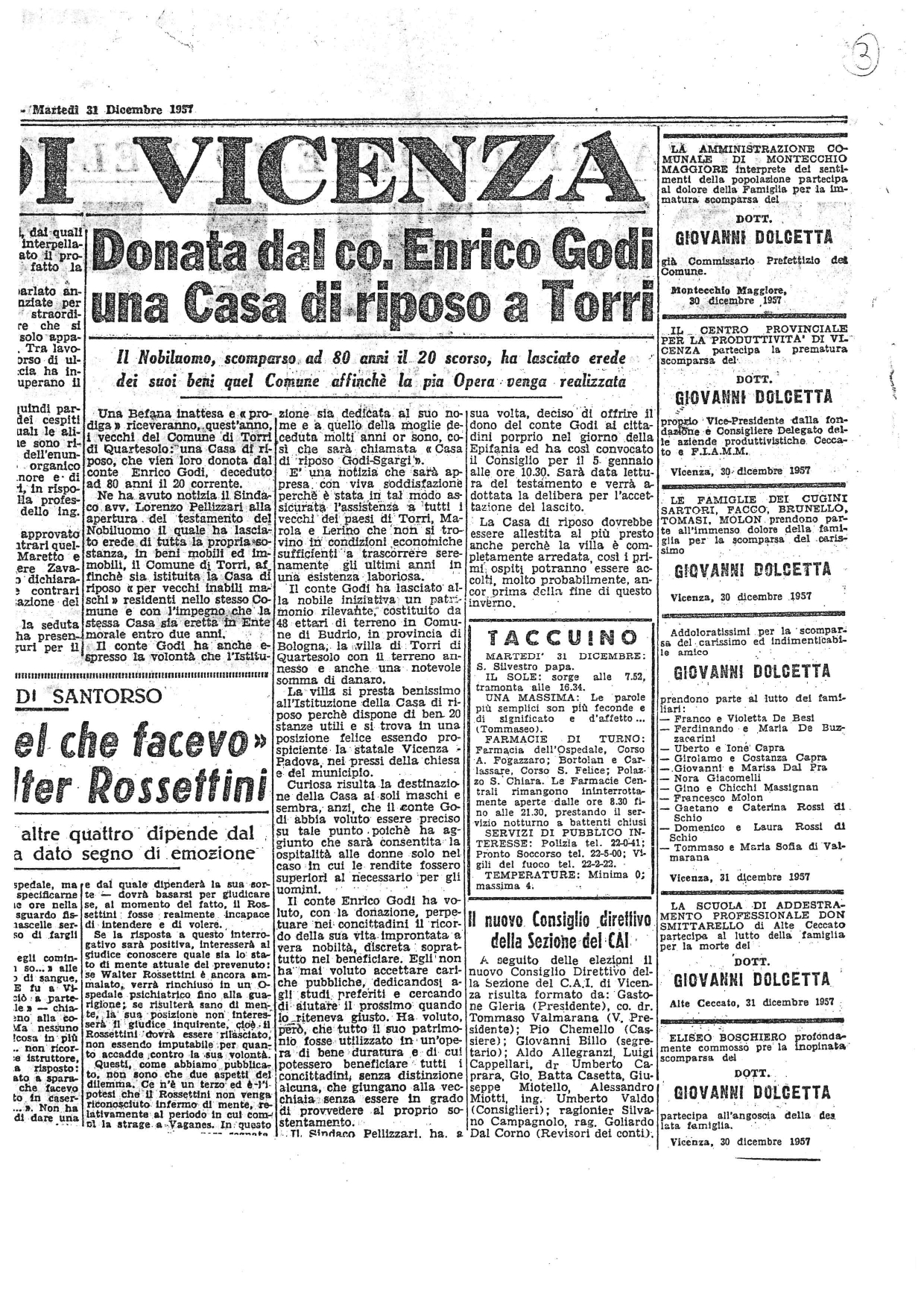 Articolo del Giornale di Vicenza del 31 dicembre 1957